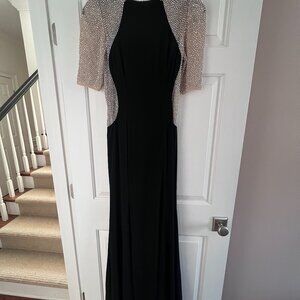 "Elise" Quarter Sleeve Long Jersey Knit Dress Xscape Black Silver Gown